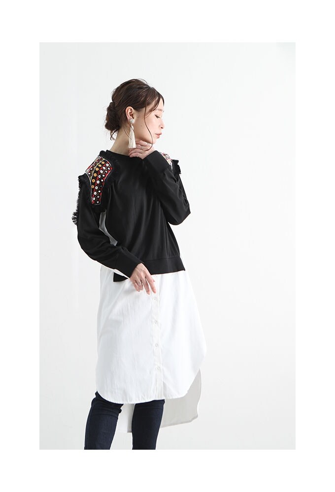 値引きする チュニック ワンピース 黒 スリット ドッキング 異素材 北欧風 刺繍 フリンジ 長袖 ブラック チュニック Stfparishschool Org