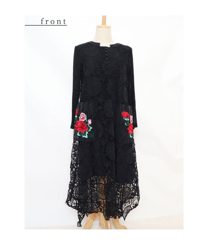 最適な価格 ワンピース チュニック エレガント Aライン フレア レース 刺繍 花 膝丈 長袖 ブラック 黒 ワンピース Obaxworld Com