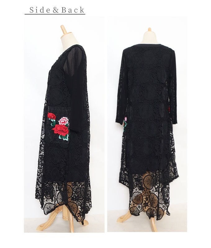 最適な価格 ワンピース チュニック エレガント Aライン フレア レース 刺繍 花 膝丈 長袖 ブラック 黒 ワンピース Obaxworld Com