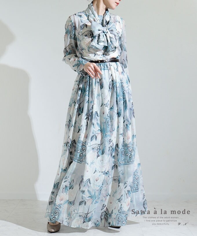ワンピース】ロング丈 足首丈 花柄 長袖 フレア リボン スカーフ ワンピース】ロング丈 足首丈 花柄 長袖 フレア リボン スカーフ
