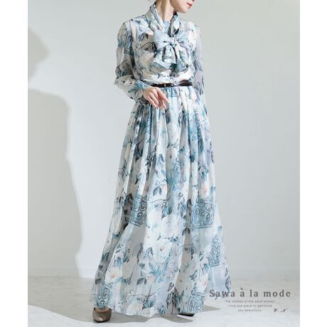 ワンピース ロング丈 足首丈 花柄 長袖 フレア リボン スカーフ ワンピ 上品 エレガント 春服 サワアラモード Sawa A La Mode Mode 7646 ファッション通販 マルイウェブチャネル