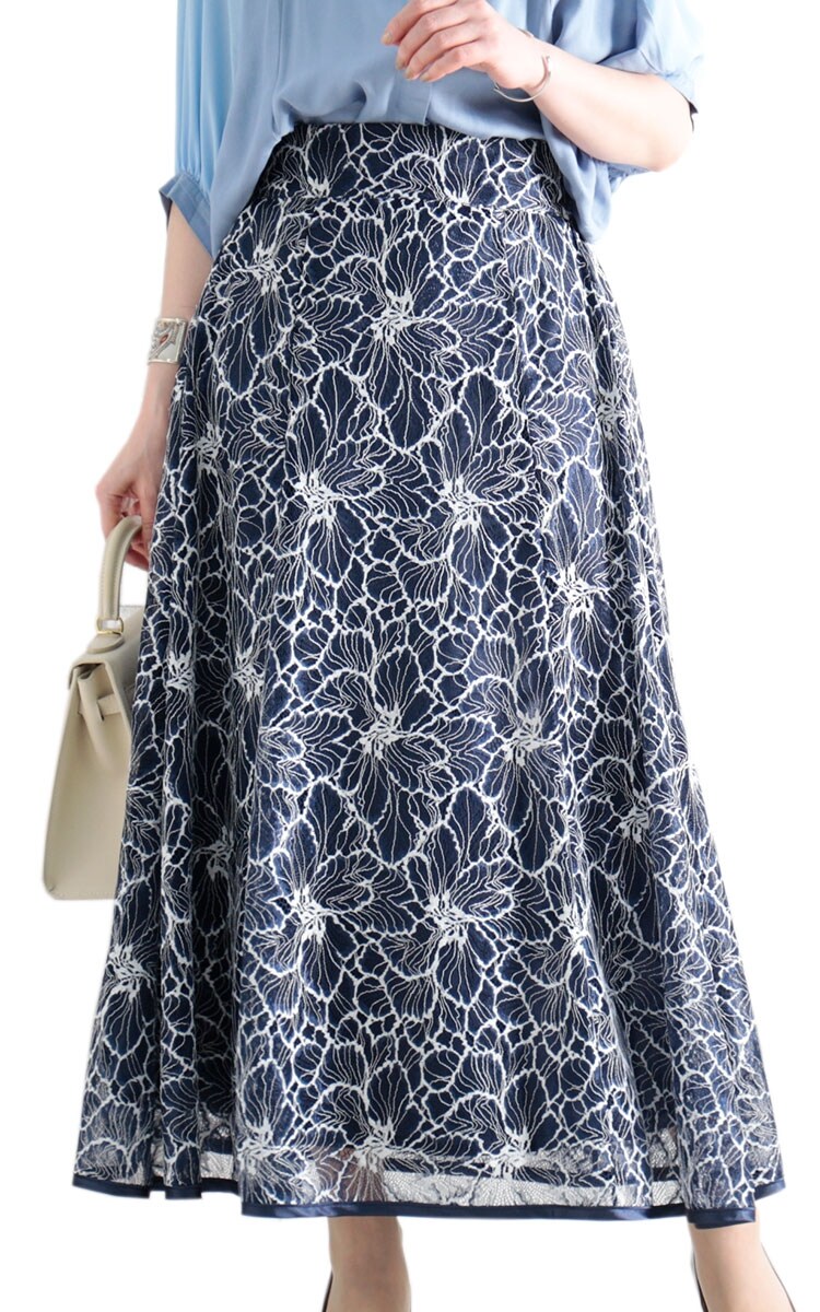 Drawerネイビー 花柄レース スカート　ミモザ丈38 Drawerネイビー 花柄レース スカート ミモザ丈38