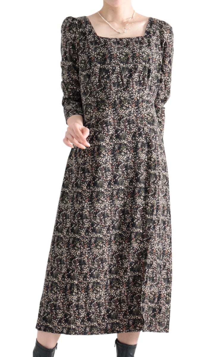 ワンピース】青 ブルー ピンク 花柄 長袖 パフスリーブ ベルト