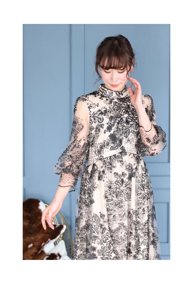 ブラミンク　花柄刺繍ワンピース　パフスリーブ　マキシ丈 ワンピース】黒 ブラック 7分袖 ロング丈 足首丈 チュール 花柄
