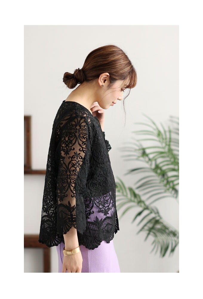 さえら カーディガン リボン 刺繍 レース 黒 ブラック カーディガン】 アウター 羽織り 黒 ブラック 白 オフホワイト