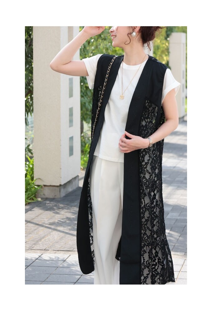 ジレ】 アウター ベスト カーディガン 黒 ブラック ノースリーブ