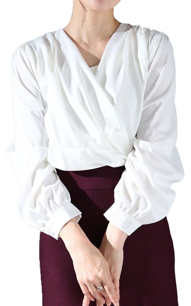 レディース トップス シャツ ブラウス ボリューム袖 タック スリット 長袖 白 青 春服 秋服 大人可愛い 大人 可愛い 30代 40代 50代 60代 サワアラモード トップス】 シャツ ブラウス ボリューム袖 タック 長袖 スリット