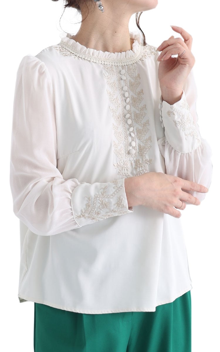 ブラウス】 トップス シャツ 白 オフホワイト 長袖 刺繍 フリル