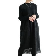 【ワンピース】 黒 ブラック ニット 長袖 ミモレ丈 膝下丈 レース ハイネック 切替え 花 無地
