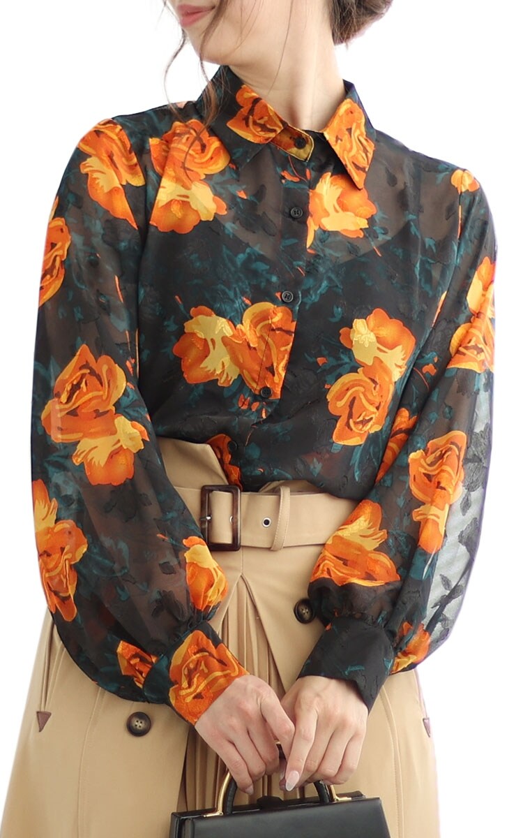 ブラウス】 トップス シャツ 黒 ブラック 長袖 花柄 シアー