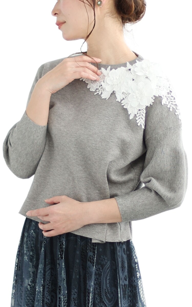 レディース ニット レース 刺繍 チュール パール ビジュー ラインストーン 半袖 無地 ストレッチ 大人可愛い 大人 可愛い 30代 40代 50代 60代 サワアラモード トップス】 ニット レース 刺繍 チュール 透け パール ライン