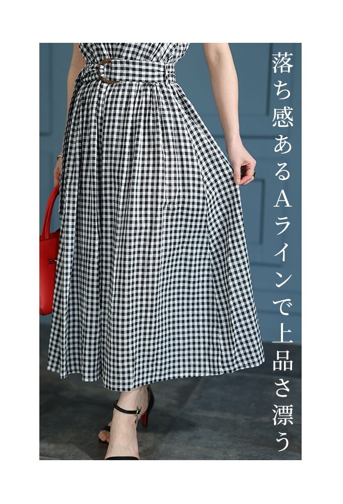 ギンガムチェック サスペンダーワンピース ハイウエスト Aライン She's Closet（シーズクローゼット）の「Aラインバックリボン