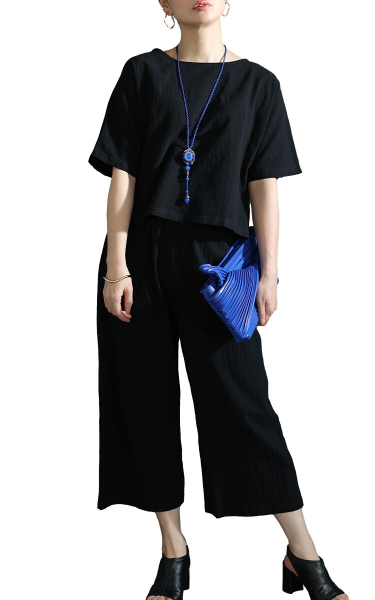 セットアップ】 トップス パンツ 半袖 クロップド丈 黒 ブラック
