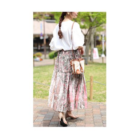 スカート】 ボトムス ピンク ロング丈 花柄 ティアード フレア 綿  