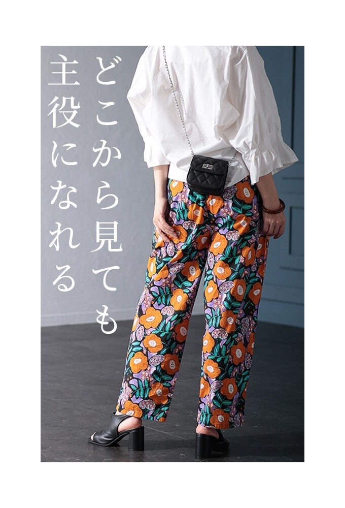 ENFOLD フラワー パンツ 花柄 ワイド ウエストゴム リラクシー オレンジ ワイドパンツ レディース きれいめ 夏 春 秋 花柄 涼しい