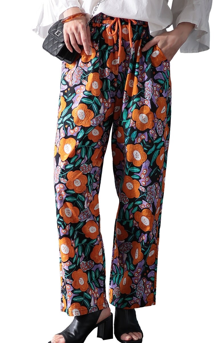 パンツ】 花柄 カラフル レトロ ワイド ストレート ウエストゴム