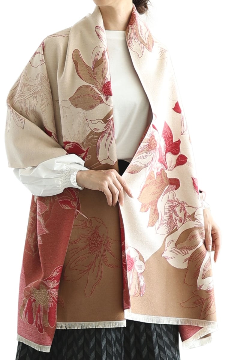 ストール】 小物 マフラー ショール オレンジ 茶 ブラウン 花柄 大判