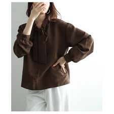 【ブラウス】 トップス シャツ 茶 ブラウン エクリュ 2way ストライプ柄 ボウタイ 長袖 秋服