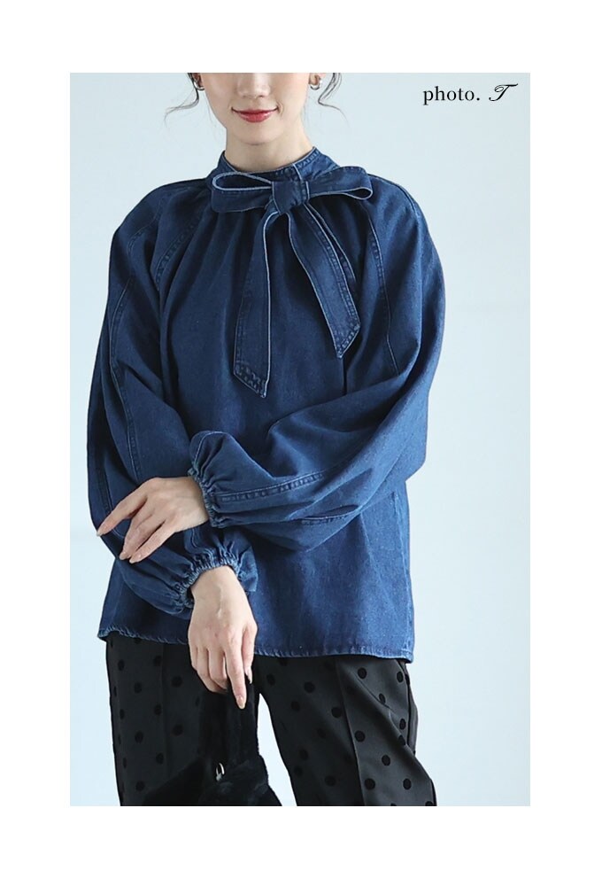 レディース 売れ筋商品|||トップス ブラウス シャツ ブルー 青 リボン 長袖 パフスリーブ デニム ボウタイ 綿 秋 大人可愛い 大人 可愛い 30代 40代 50代 60代 サワアラモード Sawa a la mode レディース トップス ブラウス シャツ ブルー 青