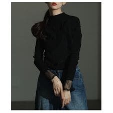 【トップス】 ニット 異素材 チュール レース 長袖 フレア リブ アシメ ブラック ブルー 黒 青