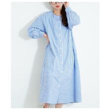 【ワンピース】 シャツ ブラウス ストライプ ノーカラー 長袖 ミモレ ボタン コットン ブルー 青