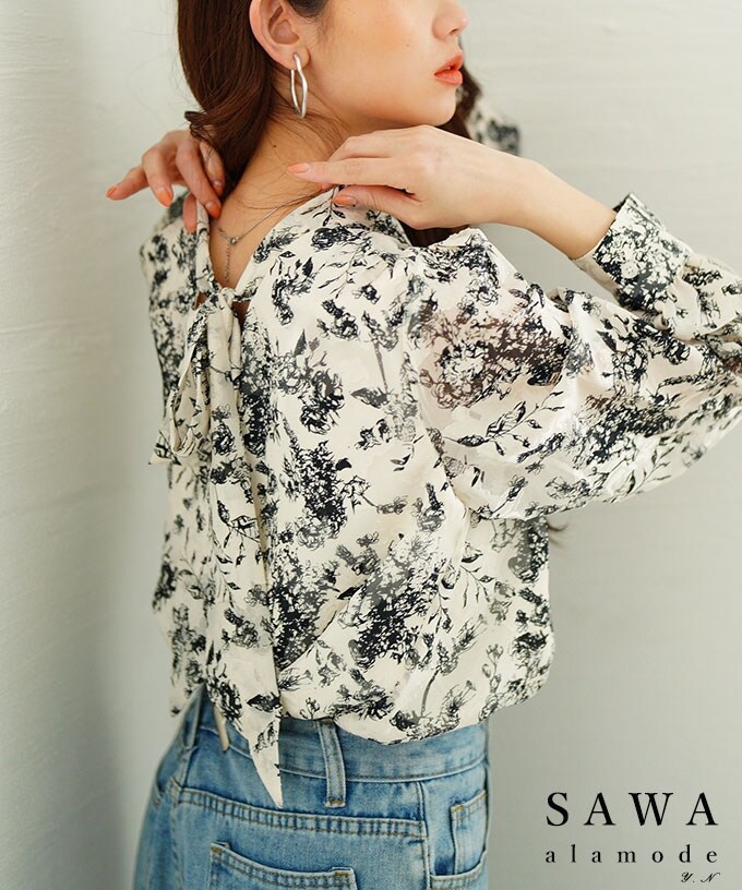 レディース 売れ筋商品|||トップス ブラウス シャツ 黒 ブラック 長袖 アイボリー 花柄 シアー パフスリーブ 秋 大人可愛い 大人 可愛い 30代 40代 50代 60代 サワアラモード Sawa a la mode レディース トップス ブラウス シャツ 黒