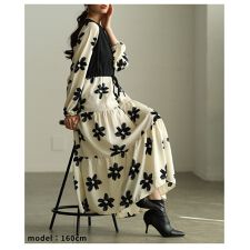 【ワンピース】 アイボリー ロング丈 花柄 ティアード フレア パフスリーブ 切替 ドローコード 春