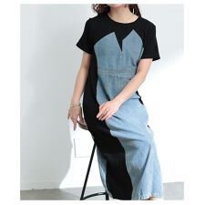 【ワンピース】 異素材 カットソー デニム 半袖 ミモレ 着痩せ フェイク ポケット スリット 黒