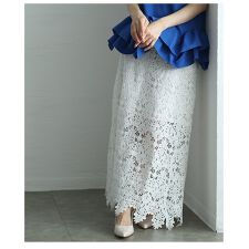 【スカート】 ボトムス 白 ホワイト ロング丈 レース ウエストゴム フレア Aライン 裏地付き 春