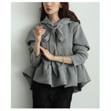 【トレーナー】 トップス プルオーバー スウェット パーカー グレー 長袖 ペプラム リボン フリル