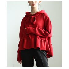 【トレーナー】 トップス プルオーバー スウェット パーカー グレー 長袖 ペプラム リボン フリル