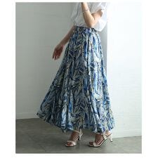 【スカート】 ボトムス 青 ブルー 緑 グリーン ロング丈 ボタニカル柄 フレア ウエストゴム 春服