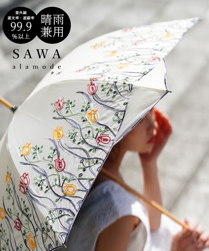 サワアラモード Sawa a la mode 刺繍折りたたみ日傘 UPF50+ サワアラモード Sawa a la mode レディース 小物 傘 日傘 白