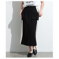 【スカート】 配色 ライン柄 ウエストゴム 立体ポケット ミモレ丈 Aライン ブラック 黒 グレー