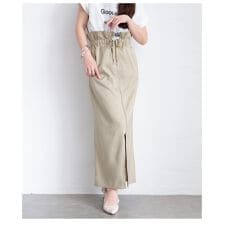 【スカート】 ボトムス チャコール ベージュ ロング丈 ストレート ハイウエスト タイト ギャザー