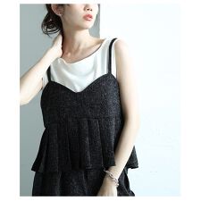 【カットソー】 トップス ビスチェ 黒 ブラック ブラウン ノースリーブ プリーツ フレア 重ね着