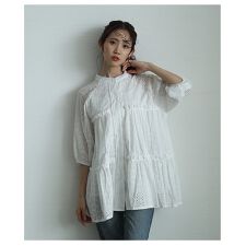 【チュニック】 トップス ブラウス シャツ 黒 ブラック 白 ホワイト 7分袖 ティアード コットン