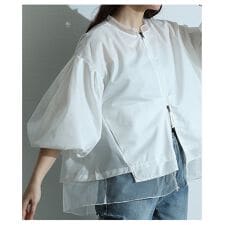 【アウター】 ブルゾン 異素材 シフォン ボリューム袖 ダブルジップ 羽織り ブラック ホワイト