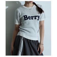 【トップス】 カットソー ニット Tシャツ ロゴ ジャガード リブ 半袖 オフホワイト 白 春 夏