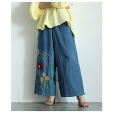 【パンツ】 ボトムス ズボン 青 ブルー 紺 ネイビー ロング丈 デニム 刺繍 花柄 ワイド 綿 春