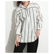 【トップス】 シャツ ブラウス ストライプ スキッパー ラグラン 長袖 コットン 黒 赤 緑 春 秋