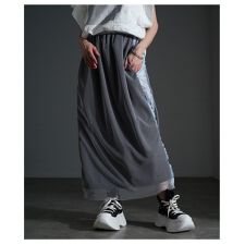 【スカート】 異素材 チュール ライン ギャザー ウエストゴム 裏地 Aライン ブラック グレー