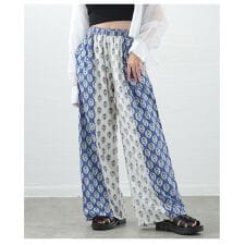 【パンツ】 エスニック ワイド ロング丈 ウエストゴム ドロスト 配色 総柄 ブルー 青 春 夏 秋