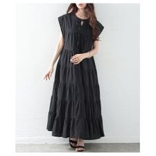 【ワンピース】 ティアード リボン 2way フレンチスリーブ フレア ロング 無地 ストライプ