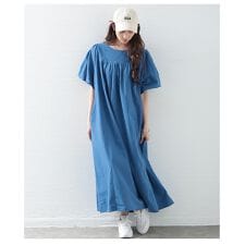 【ワンピース】 ボリューム袖 ギャザー フレア 半袖 ロング丈 コットン バックボタン 黒 ブルー
