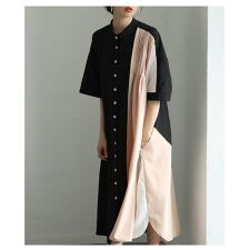 【ワンピース】 シャツ ブラウス アシンメトリー 配色 プリーツ 半袖 ミモレ ポケット ブラック