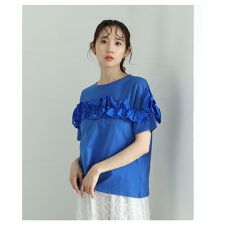 【カットソー】 トップス Tシャツ 黒 ブラック 白 ホワイト 青 ブルー 半袖 フリル パール 夏