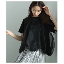 【カットソー】 トップス プルオーバー 黒 ブラック ホワイト 夏 夏服 半袖 バルーン チュール