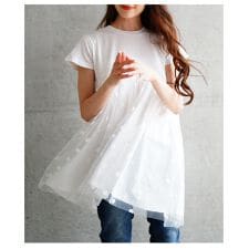 【チュニック】 カットソー 異素材 ドット チュール フレア ギャザー 半袖 ブラック ホワイト 夏