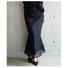 【スカート】 レース マーメイド ロング ウエストゴム 総柄 シアー 裏地 ブラック アイボリー